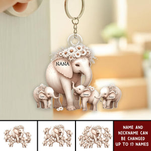 Personalized Acrylic Keychain - Elephant Grandma With Kids