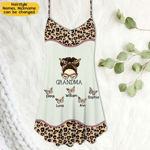 Leopard Messy Bun Grandma with Butterfly Grandkids Personalized Summer Dress