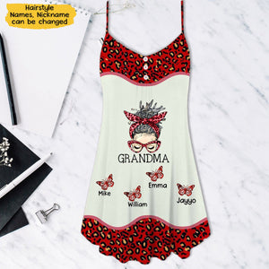 Leopard Messy Bun Grandma with Butterfly Grandkids Personalized Summer Dress