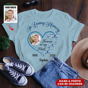 In Loving Memory Sparkling Heart Memorial Butterflies Personalized T-Shirt