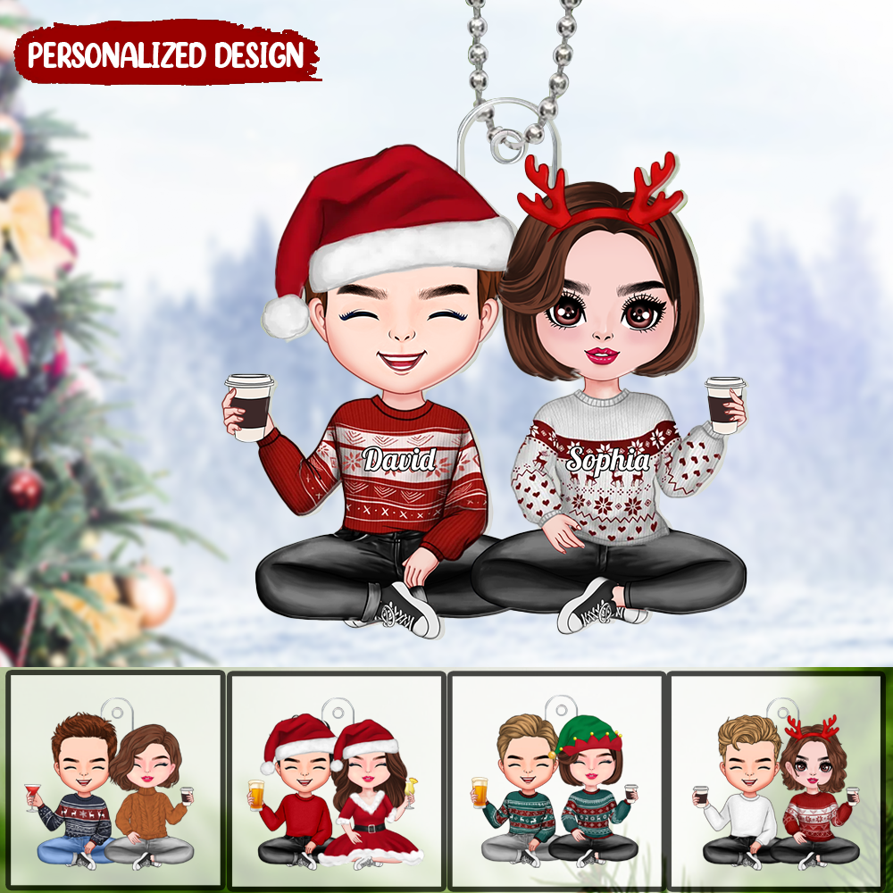 Christmas Doll Couple Sitting Personalized Acrylic Ornament