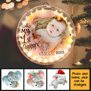 Baby's First Christmas Elephant Photo Circle Ornament With Light