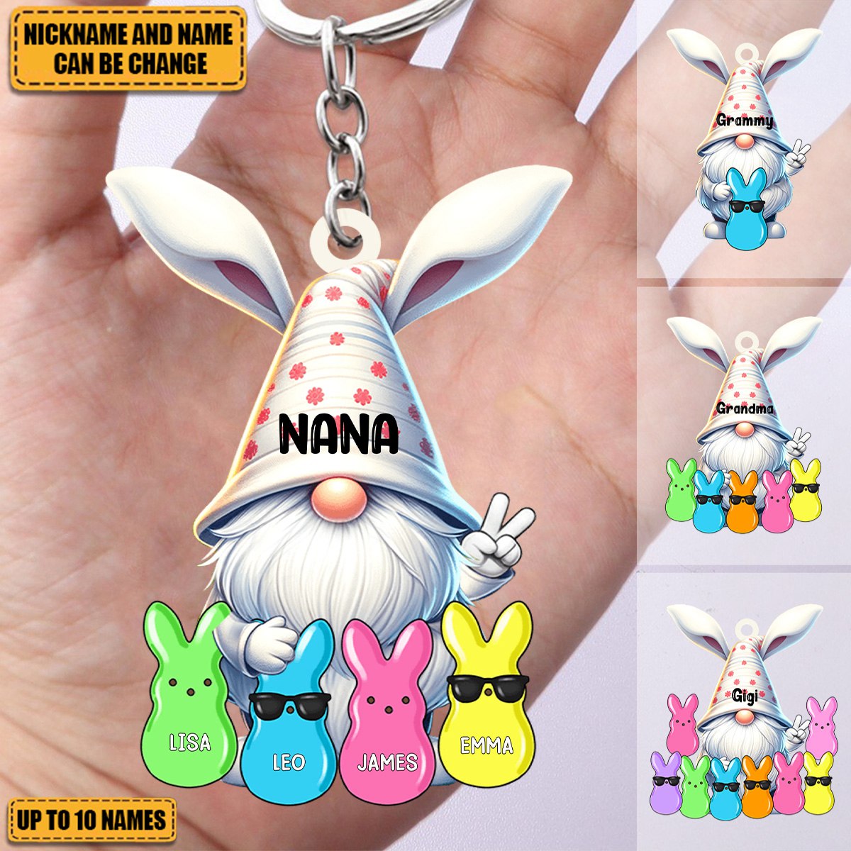 Bunny Nana Grandma Easter Dwarf With Little Peeps Grandkids Personalized Acrylic Keychain