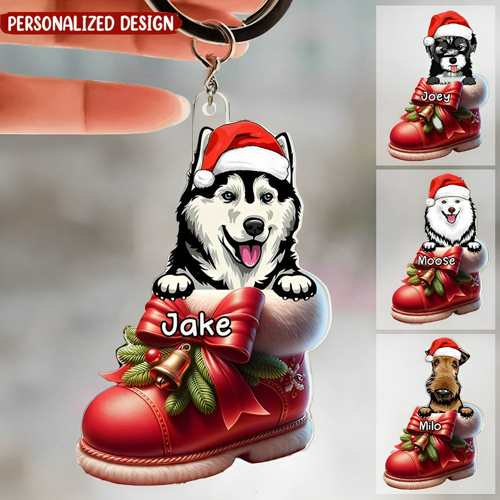 Cute Dog Puppy Pet On Christmas Boots Shoes Personalized Acrylic Keychain