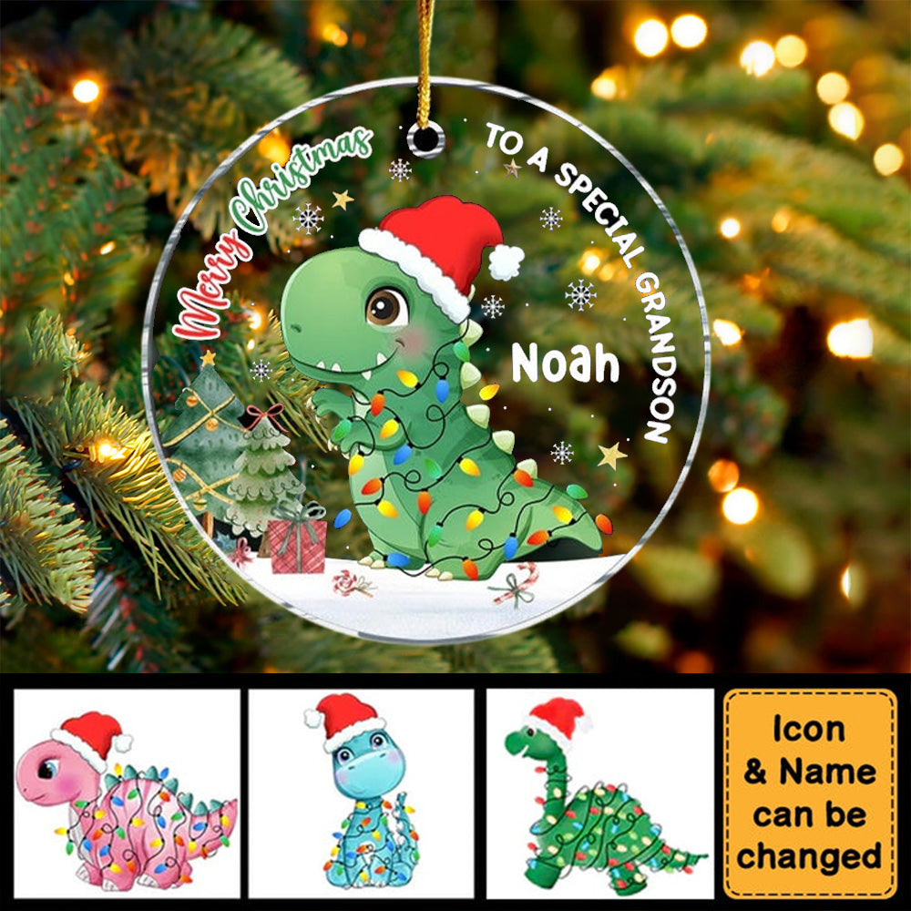 Christmas Gift For Grandson Dinosaur Merry Christmas Circle Ornament
