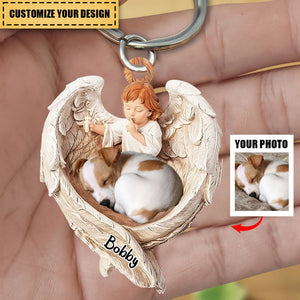Dog Keychain - Dog Lover Gifts - Sleeping Pet Within Angel Wings - Custom Keychain from Photo