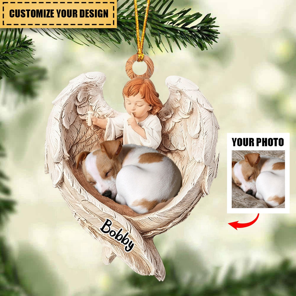 Dog Christmas Ornament - Dog Lover Gifts - Sleeping Pet Within Angel Wings - Custom Ornament from Photo