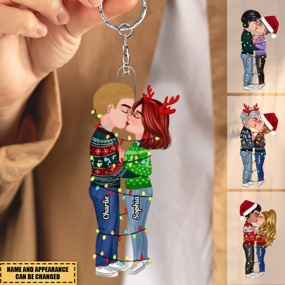 Christmas Couple Kissing With Light String Personalized Acrylic Keychain