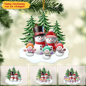 Granparents/Parents Snowmen With Baby Kids In Pine Tree Forest - Personalized Shape Ornament