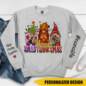 Happy Halloween Thanks Giving Christmas With Grandkids Name On Sleeve Personalized Sweatshirt Gift for Grandmas Moms Aunties