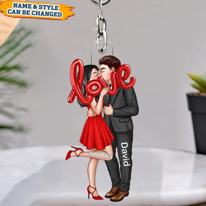 Elegant Couple Holding LOVE Balloon Personalized Keychain