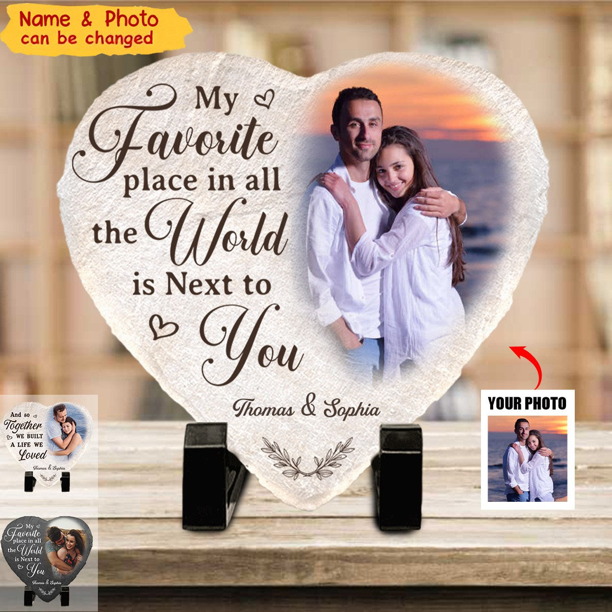 My Favorite Place In All The World Is Next To You - Couple Personalized Heart Shaped Stone With Stand - Gift For Husband Wife, Anniversary