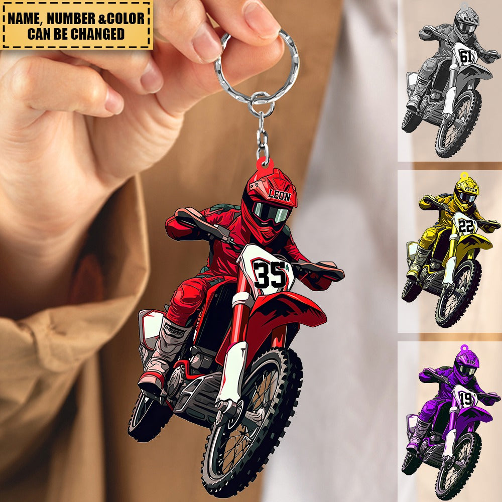 Personalized Motocross Biker Custom Name and Number Acrylic Keychain
