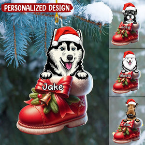 Cute Dog Puppy Pet On Christmas Boots Shoes Personalized Acrylic Ornament
