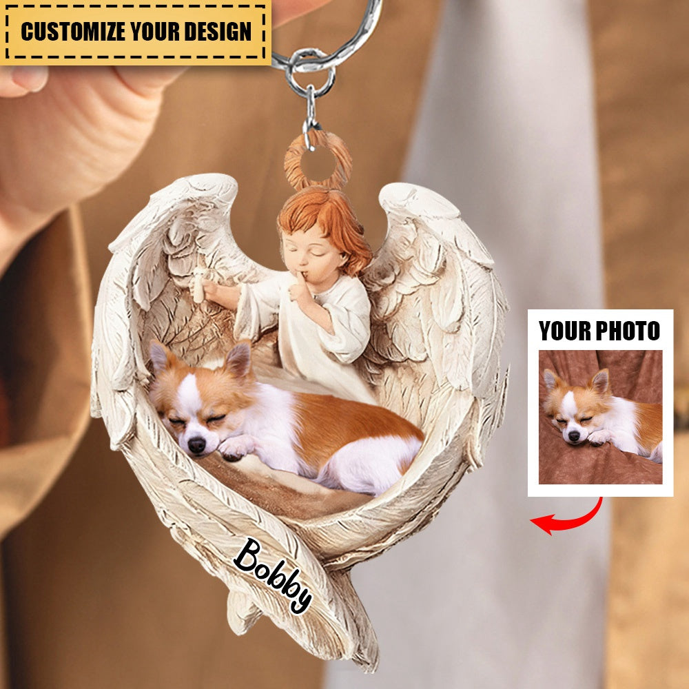 Dog Keychain - Dog Lover Gifts - Sleeping Pet Within Angel Wings - Custom Keychain from Photo