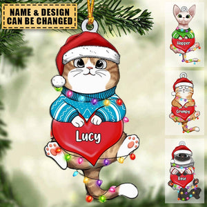 Cute Christmas Cat Kitten Holding Heart Personalized Acrylic Ornament Purrfect Gift for Cat Lovers