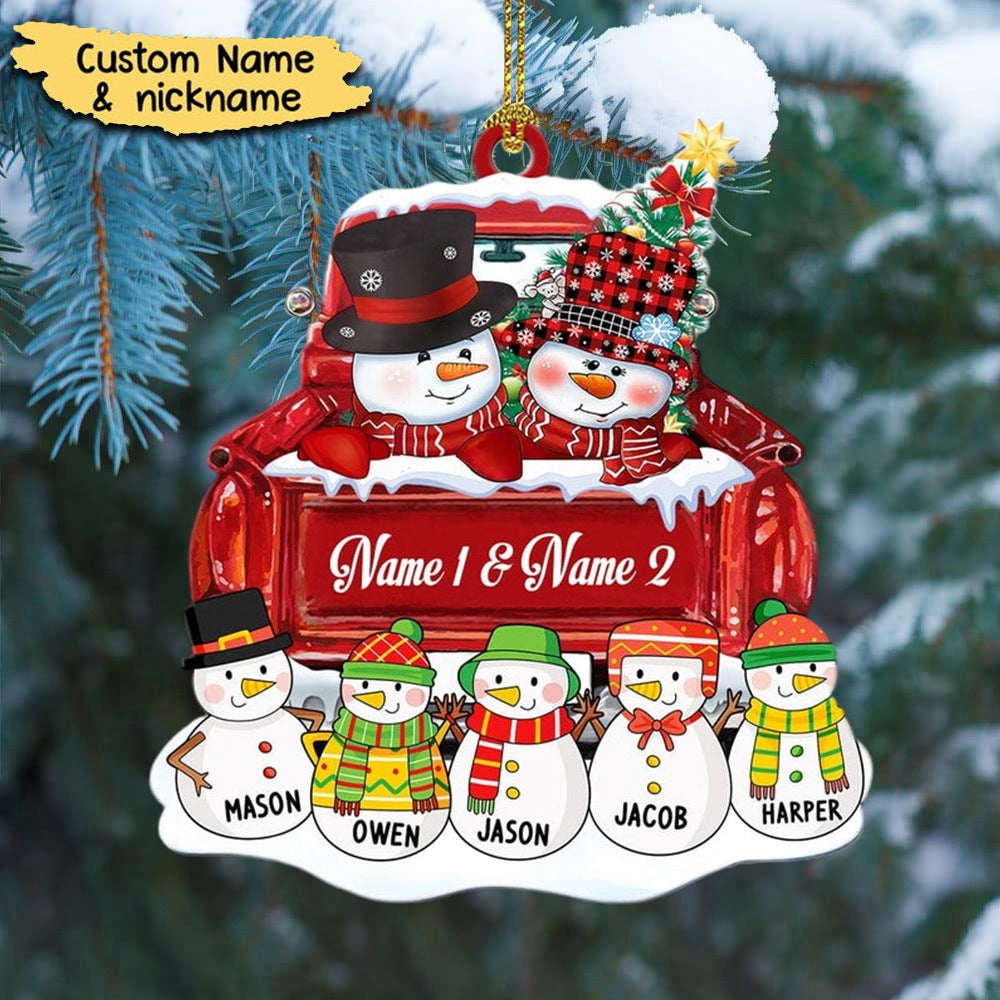 Personalized Christmas Family Snowman On Red Truck Ornament