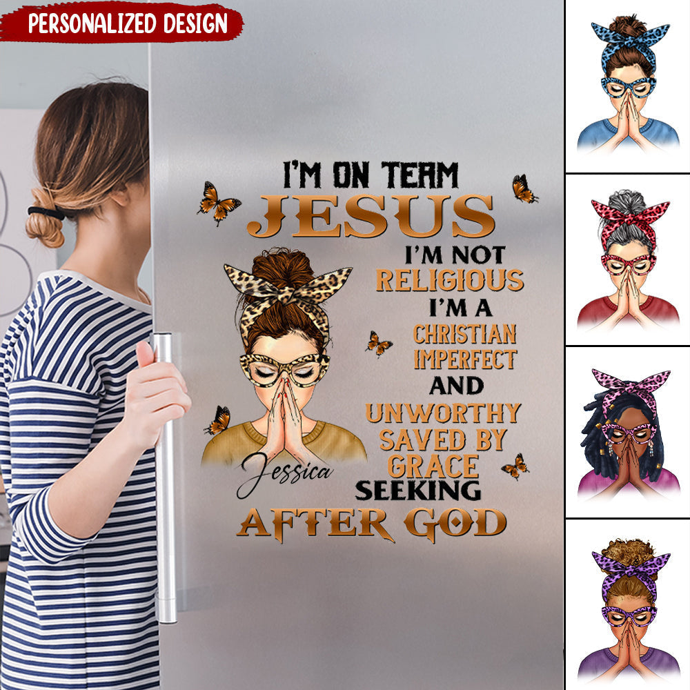 Personalized Praying Woman I'm On Jesus Team Seeking After God Sticker Decal