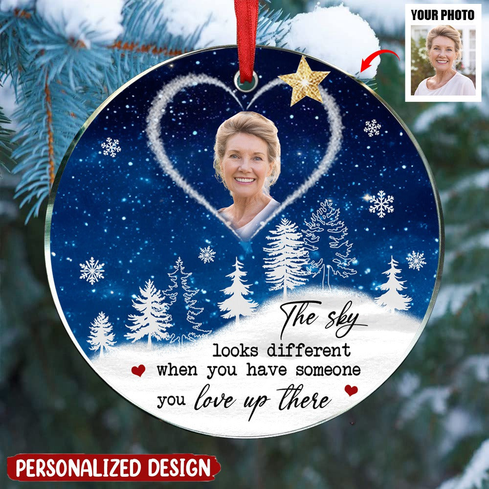 Sparkling Upload Photo Heart Heaven, The Sky Looks Different When Someone You Love Up There Personalized Ornament