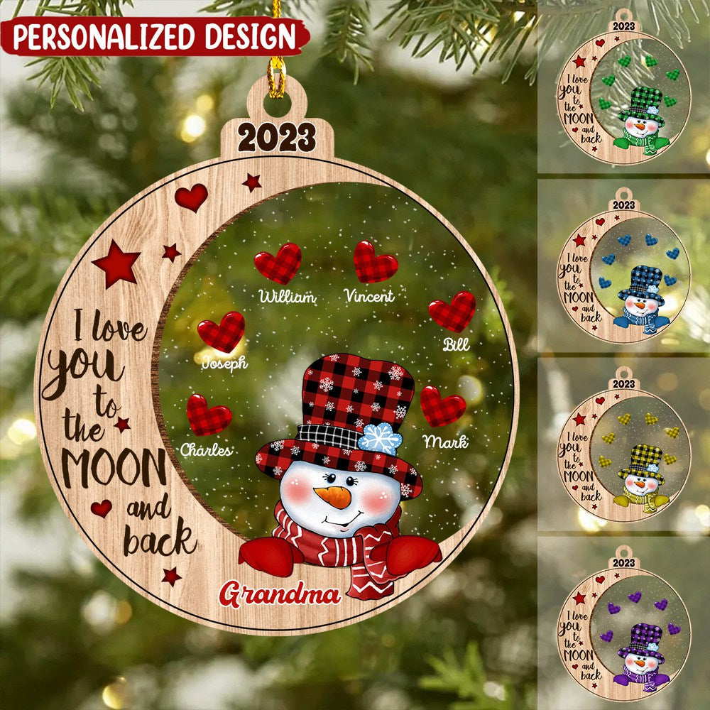 I Love You To The Moon And Back Grandma Snowman Love Checkered Pattern Heart Grandkids On Moon - Personalized Acrylic Christmas Ornament