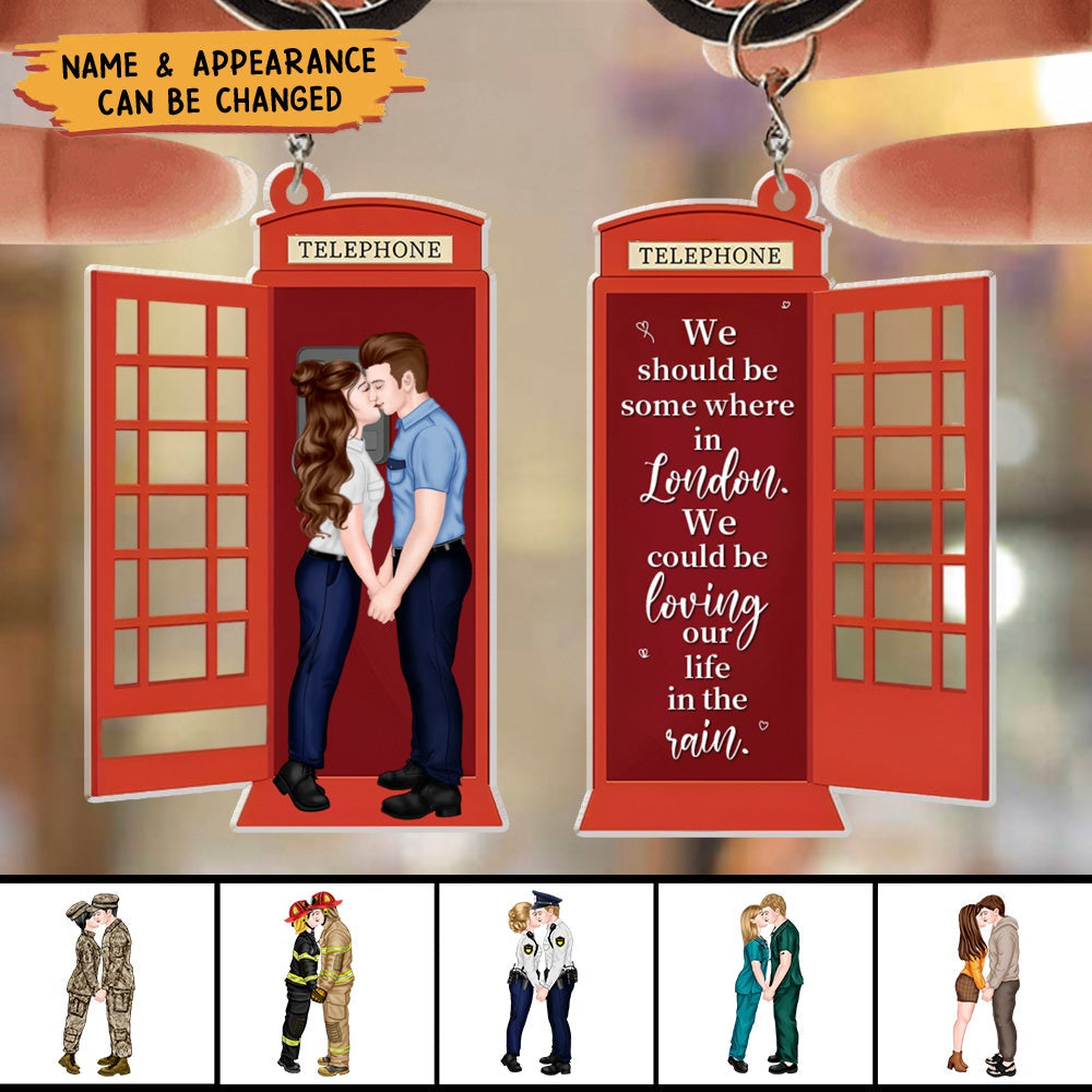 We Could Be Loving Our Life In The Rain, Personalized Kissing Couple At Telephone Booth Keychain, Gift For Couple, Valentine's Gifts