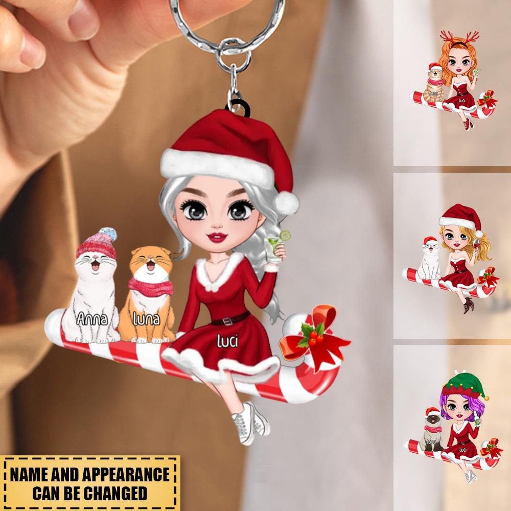 Christmas Santa Girl Sitting With Cute Cat Kitten Pet On Candy Cane Personalized Acrylic Keychain