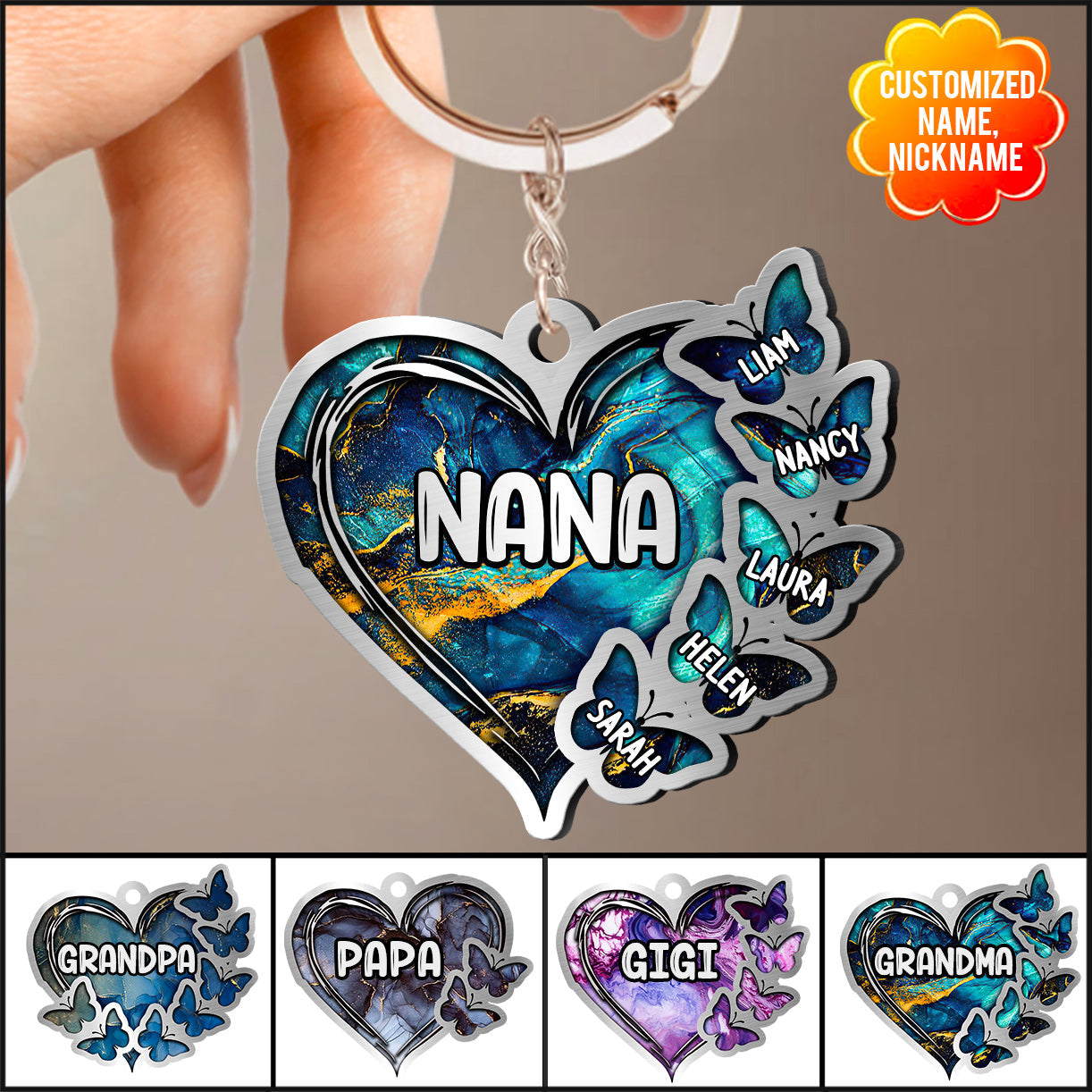 Grandma- Mom Heart Butterfly Kids, Multi Colors Personalized Acrylic Keychain