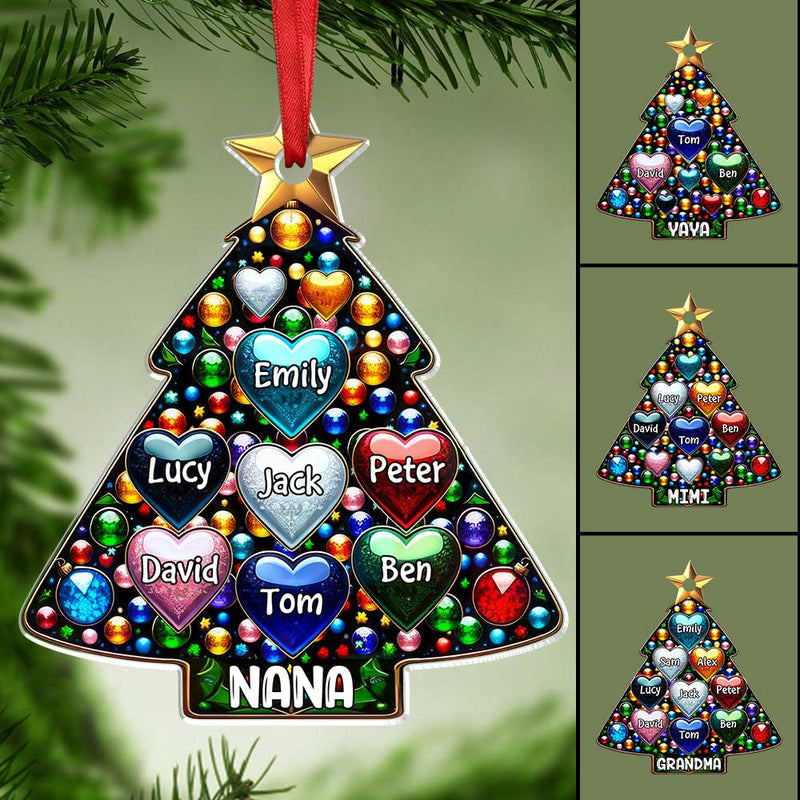 Sparkling Colorful Pine Tree Family Nana Mom Sweet Heart Kids Personalized Acrylic Ornament