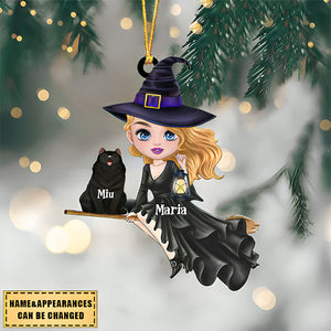 Witch Riding Broom Mystical Girl With Cute Cat Kitten Pet Personalized Christmas Ornament