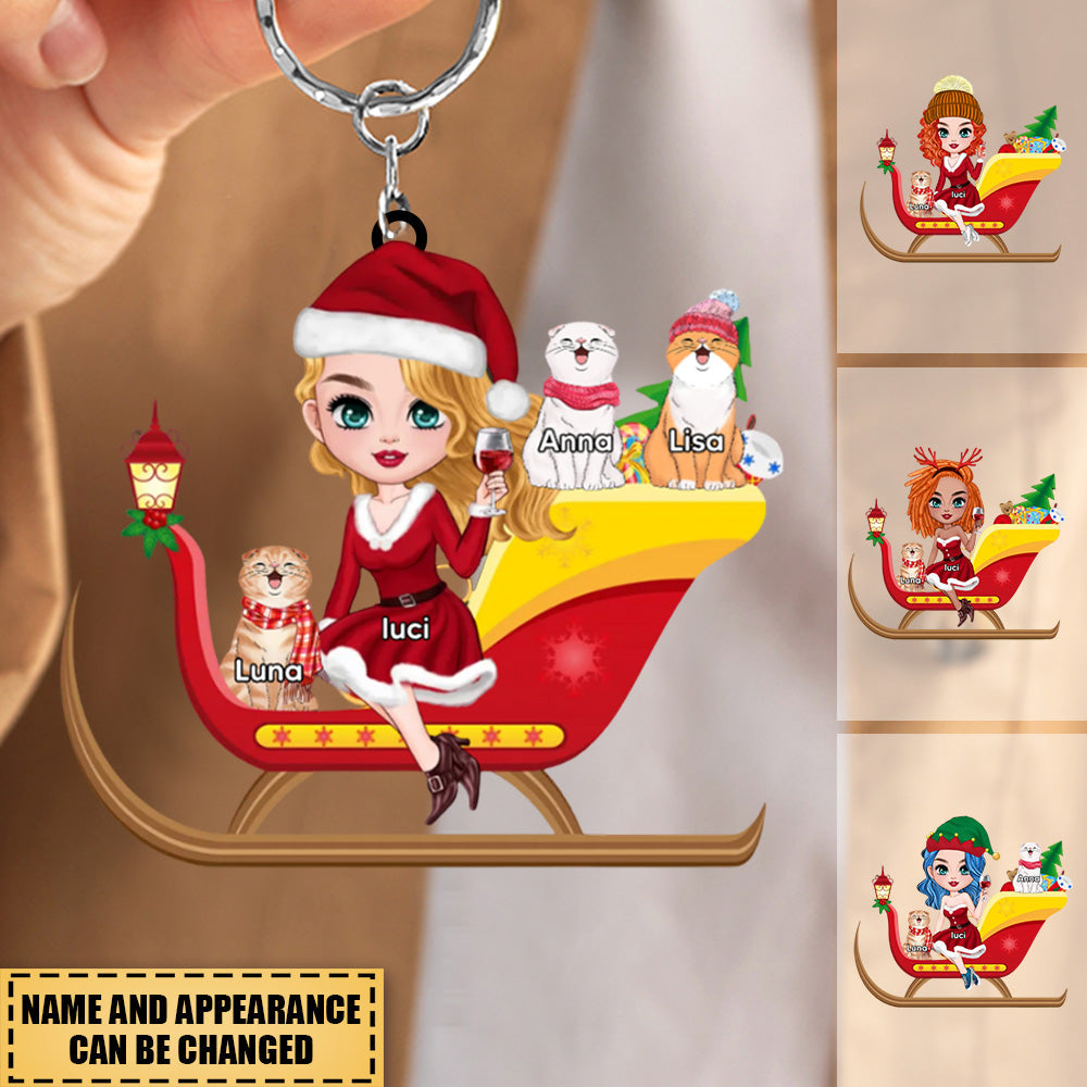 Christmas Santa Sleigh Girl Sitting With Cute Cat Kitten Pet Personalized Acrylic Keychain