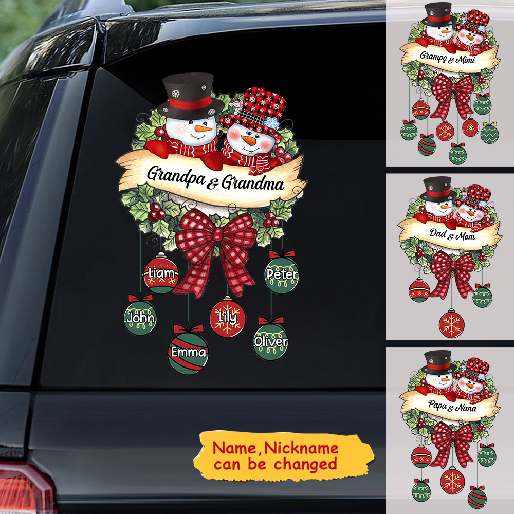 Snowman Grandpa & Grandma Mom & Dad Christmas Ball Kids Personalized Car Decal